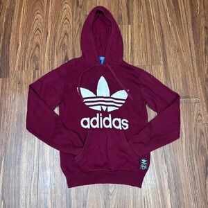 Adidas Burgundy Streetwear Knit Hoodie Trefoil Logo Pullover Sweater Women's XS